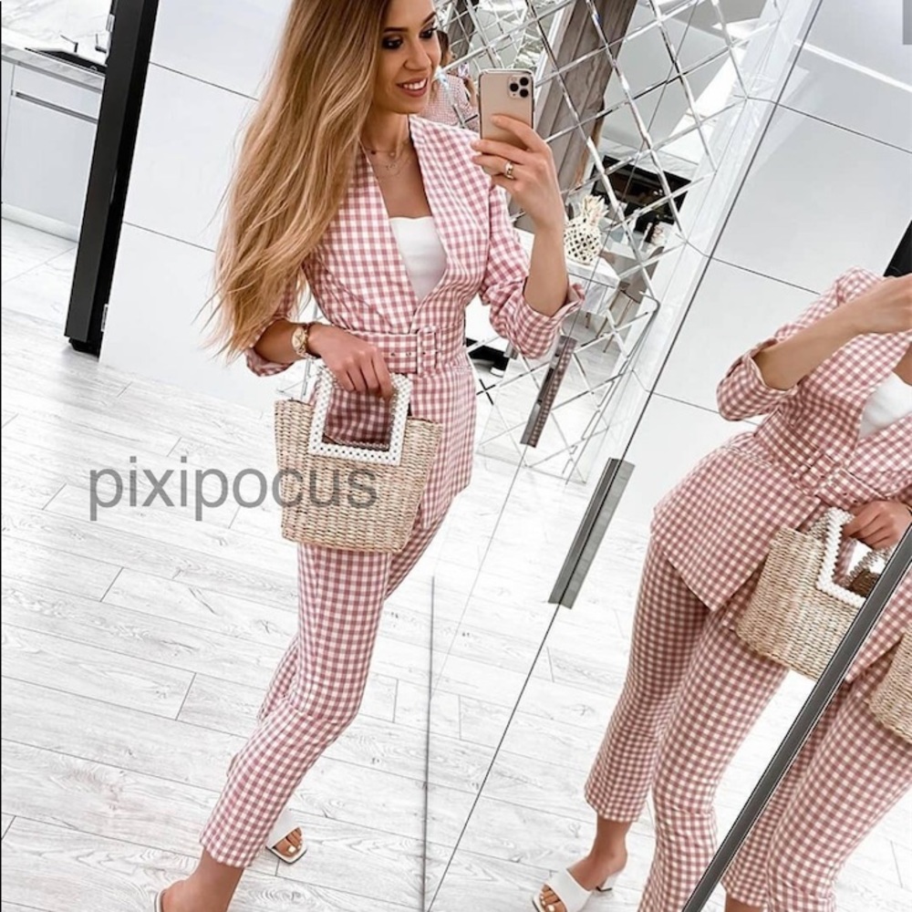 NWT Zara 2 Piece Gingham Belted Blazer + Pants SET - Picture 6 of 12